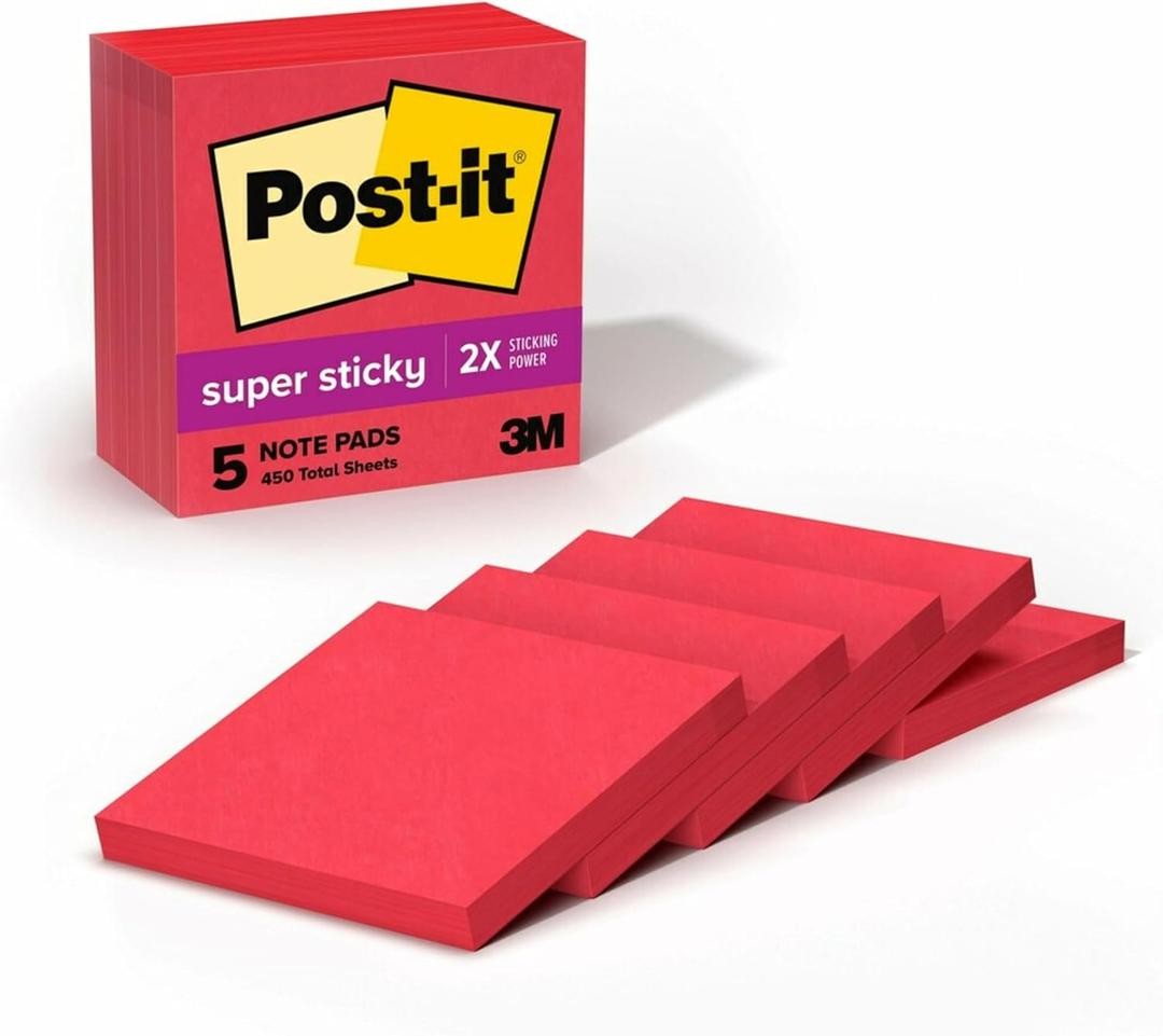 Post-it Super Sticky Notes, 5 Sticky Note Pads, 3 x 3 in., Ideal for Organization in Your Dorm, Home or Office, Single Color Packs Collection, Candy Apple Red