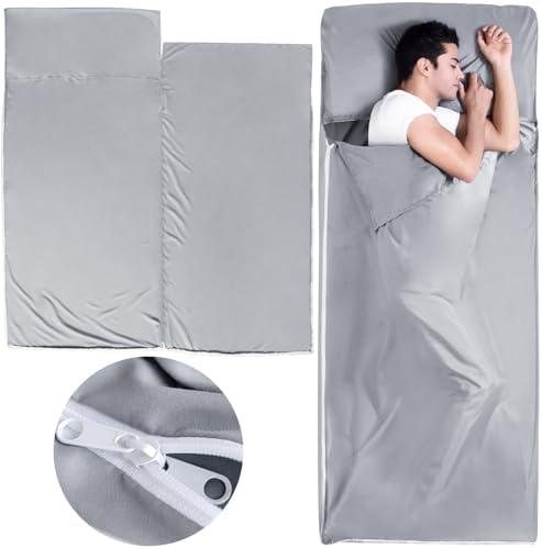Sleeping Bag Liners with 2 Way Zipper, Adult Sleep Sack Travel Sheets for Hotel/Hostels/Business Trips, Lightweight Single Camping Sheet Sleep Bag Liner Warm & Cold Weather, Gray