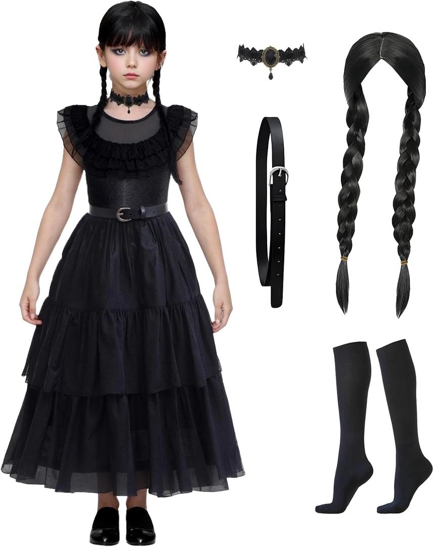 Black Family Costume Kids Halloween Costumes for Girls Cosplay Gothic Outfit Dark Vintage Prom Dress with Belt (Medium(8-10 yrs))