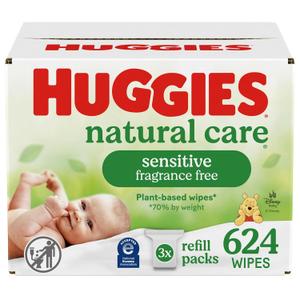 Huggies Natural Care Sensitive Baby Wipes, Hypoallergenic, 99% Purified Water, 3 Refill Packs (624 Wipes Total) Huggies Natural Care Sensitive Baby Wipes, Hypoallergenic, 99% Purified Water, 3 Refill Packs (624 Wipes Total)