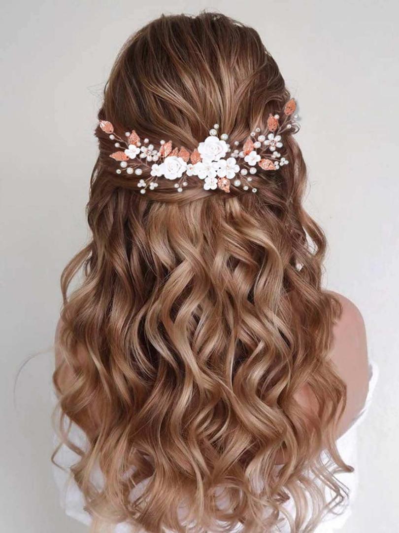 CASDRE Flower Bride Wedding Hair Vine Pearl Bridal Headpiece Leaf Hair Accessories Hair Piece for Women and Girls (C Rose Gold)