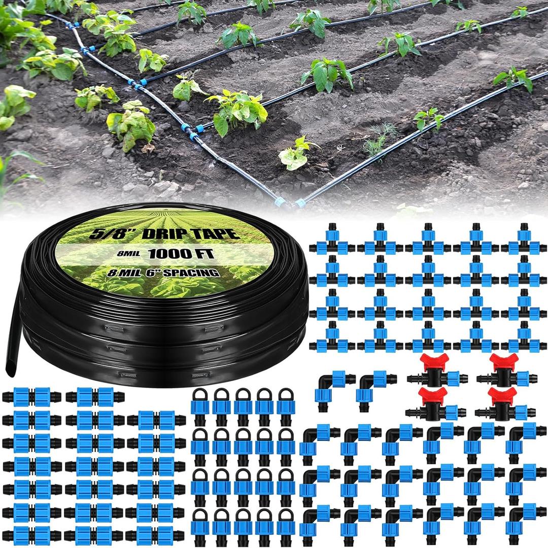 Tondiamo 1000 ft 5/8 Inch Drip Tape Irrigation Tubing Kit 8 Mil 6" Spacing Hose Garden Landscape Irrigation System Automatic Equipment for Farms (1000ft 8mil)