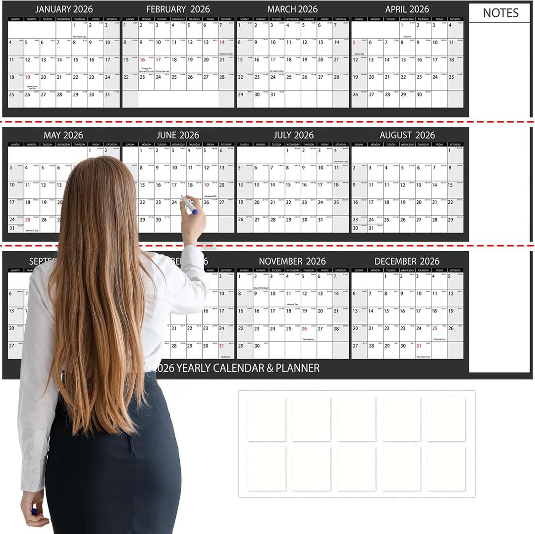2026 Jumbo Oversized Wall Calendar 58x37in Wet Dry Erase 12 Month Annual Yearly Extra Large Wall Planner Gray Laminated Paper Wall Calendar with Note for School Home Office Planning,Cut into 3pcs