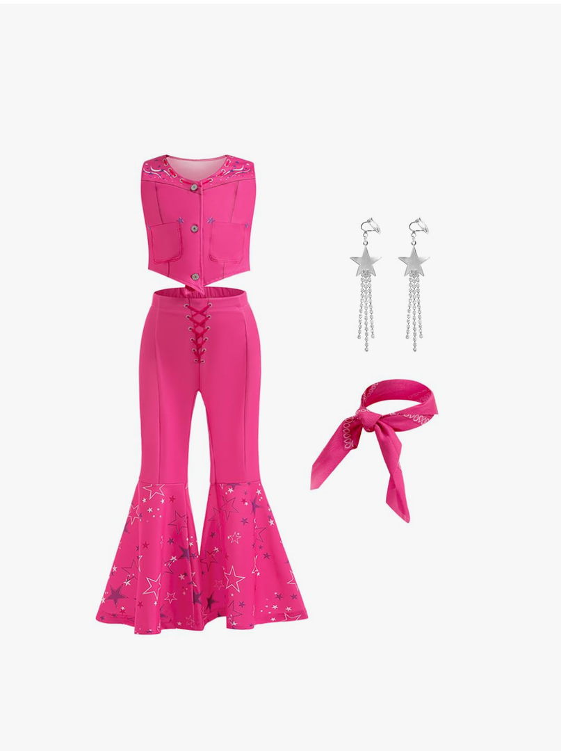 Pink Costume for Girls Cowgirl Costume Dress Kids Disco Outfits Movie Dress up Halloween Party Cosplay 4-13Y Size L