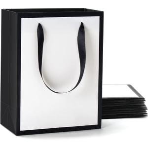 YACEYACE White and Black Gift Bags - 10Pcs Medium Size 8"x4.25"x10.5" Paper Bags With Ribbon Handles for Parties, Birthdays, Weddings