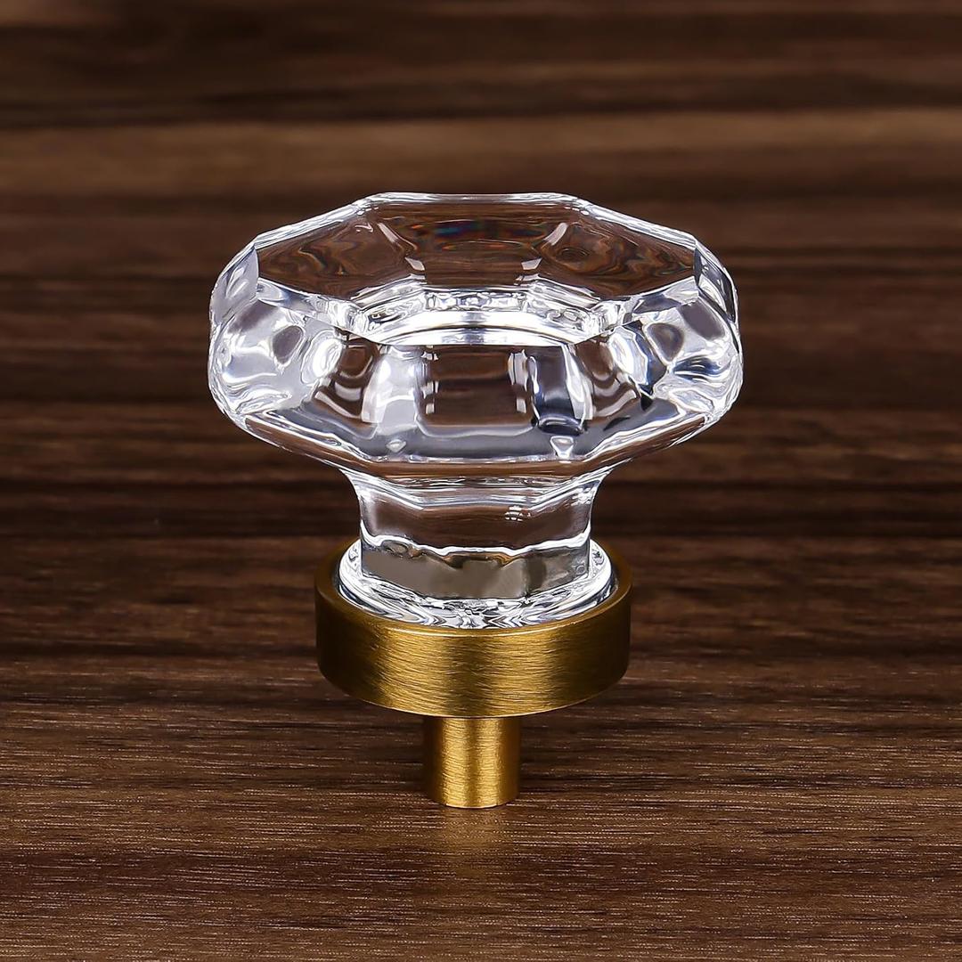 Glass Crystal Dresser Cabinet Knobs Antique Vintage Brass, Octagon Knobs and Pulls for Dresser Drawers, Bathroom Kitchen Cabinet Drawer Knobs Set,16 Pcs