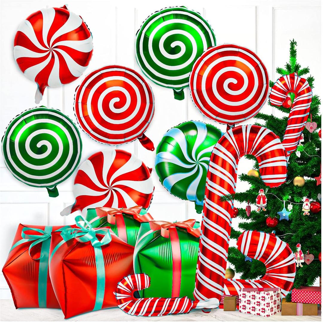 32Pcs Christmas Balloons, Christmas Candy Cane Foil Balloons with Ribbons, Red Green Mylar Balloon for Party Decorations