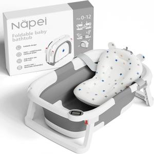 Collapsible Baby Bathtub,Baby Bath Tub with Soft Cushion & Thermometer,Baby Bathtub Newborn to Toddler 0-36 Months,Portable Travel Baby Tub (Gray)