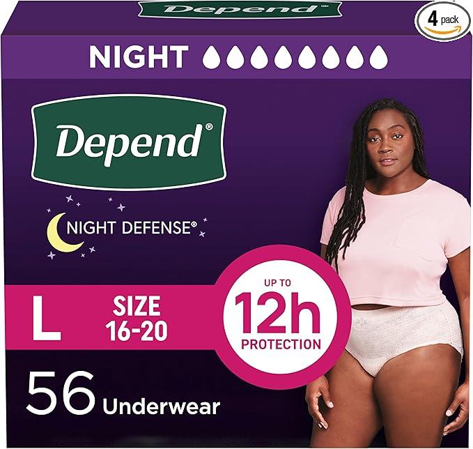 Depend Night Defense Adult Diapers, Incontinence & Postpartum Bladder Leak Underwear for Women, Disposable, Overnight, Large, Blush, 56 Count (4 Packs of 14),