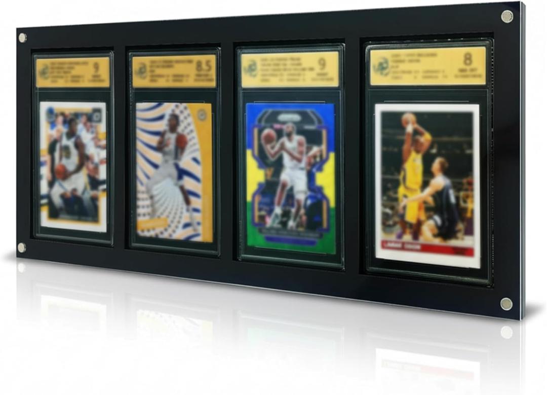 Acrylic 4-Card Graded Card Display Case with Magnetic Front, Wall-Mounted or Desktop Slab Display Frame, Clear Dust-Proof PSA Card Display Stand with Black Base, 15.2" x 6.7"