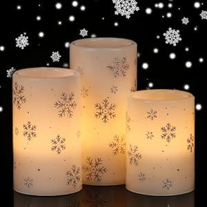 GenSwin Christmas Flameless Candles with Timer, LED Flickering Candles Real Wax with Silver Snowflake Decals, 3 Pack Pillar Candle for Winter Indoor Fireplace Christmas Decor(D3” x H4”5”6”)