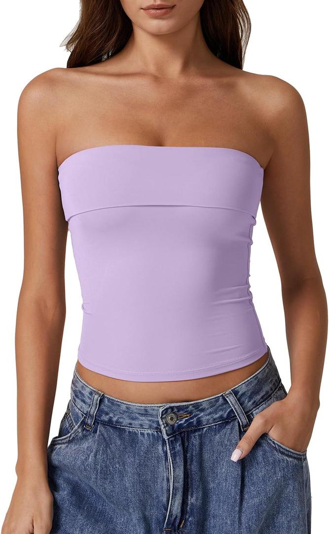 QINSEN Women's Tube Tops Strapless Bandeau Tops Double Lined Slim Fit Summer Going Out Tank Tops (Large, Lavender)