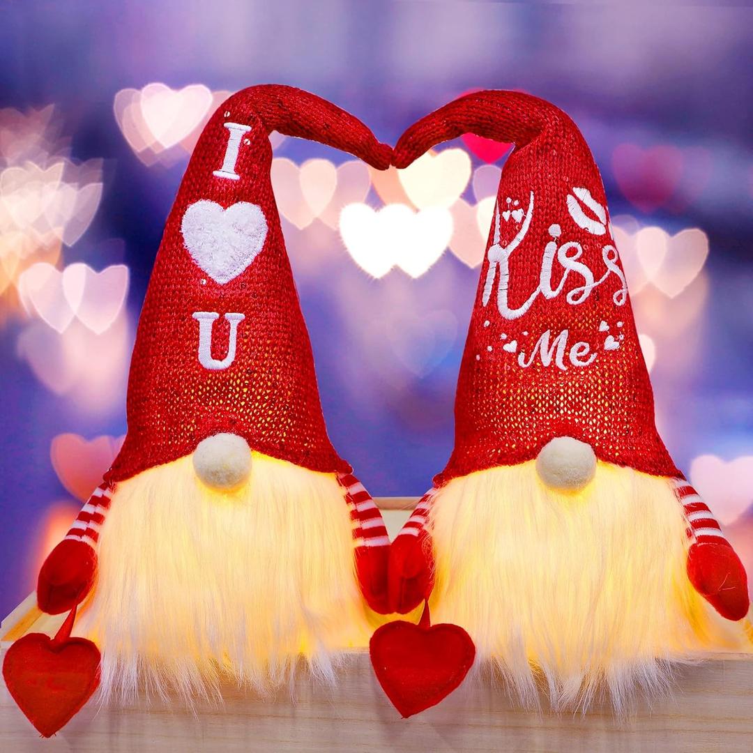 Juegoal 2 Pack Lighted Valentines Gnomes Decorations, 14.5 Inch Handmade Scandinavian Swedish Tomte, Light Up Elf Toy Holiday, Battery Operated Valentine Gift Tabletop Ornament