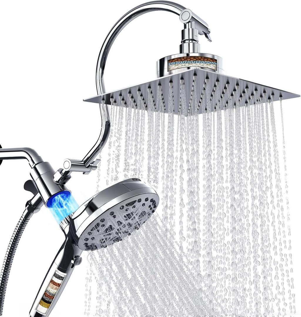 Dual Filtered Shower Head with Handheld and Magnetic - 8'' Square Rain Shower Head High Pressure with Handheld Combo, 8+2-Spray Magnetic Detachable Showerhead with Power Jets, Chrome