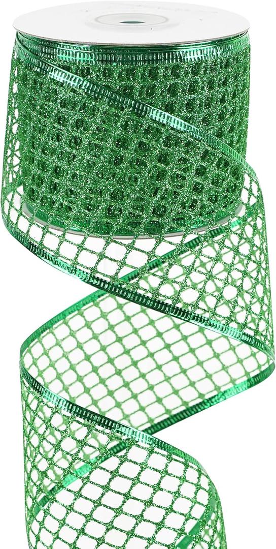 MEEDEE Emerald Green Netting Ribbon - 2.5 Inch Sparkling Glamour Netted Ribbon, Green Glitter, By 10 Yards Roll, Wired Mesh For Christmas Tree, Halloween Wreaths, Tree Toppers, Streamers, Bow