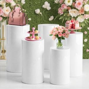 Cylinder Stands for Party - 5 Pcs Cylinder Pedestal Stand, White PVC Round Display Plinth, Sturdy Portable Cake & Dessert Stand for Wedding Birthday Baby Shower Decor, Cupcakes Floral Arrangement.