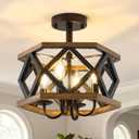 SGLfarmty Farmhouse Ceiling Light Fixture, 4-Light 13.8 Inch Rustic Industrial Black Metal Wood Cage Semi Flush Mount Lighting for Kitchen, Hallway, Bedroom, Entryway, Foyer