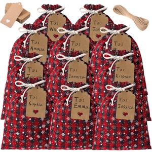 Shappy 24 Pcs Christmas Drawstring Gift Bags Xmas Buffalo Plaid Burlap Advent Bags 10 x 8 Inches Linen Treat Candy Bag with 32.8 ft Rope 24 Card(Black Red Snowflake)