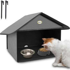 Dreyoo Outdoor Cat Feeding Station for Food & Water, Weatherproof Outdoor Kitty Dining Room Cat Shelter for Stray, Feral Cats and Community Cats, 13d x 17w x 15.5'h(1 Pack,Dark Grey)