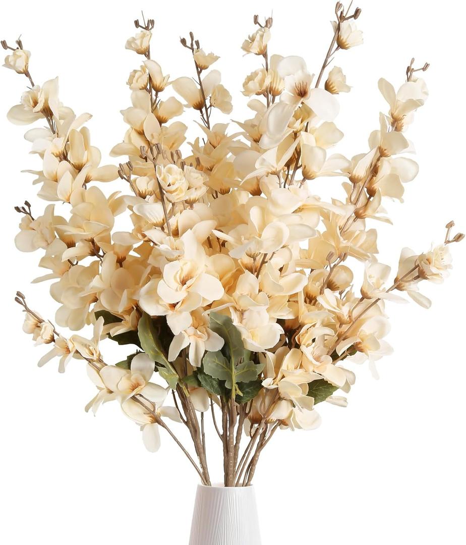 6PCS Champagne Delphinium Artificial Flower Lifelike Faux Larkspur Silk Flowers Plant 35.43'' Long Stem Blossoms Flowers for Tall Vase Floral Arrangements Home Table Wedding Decor(Champagne)