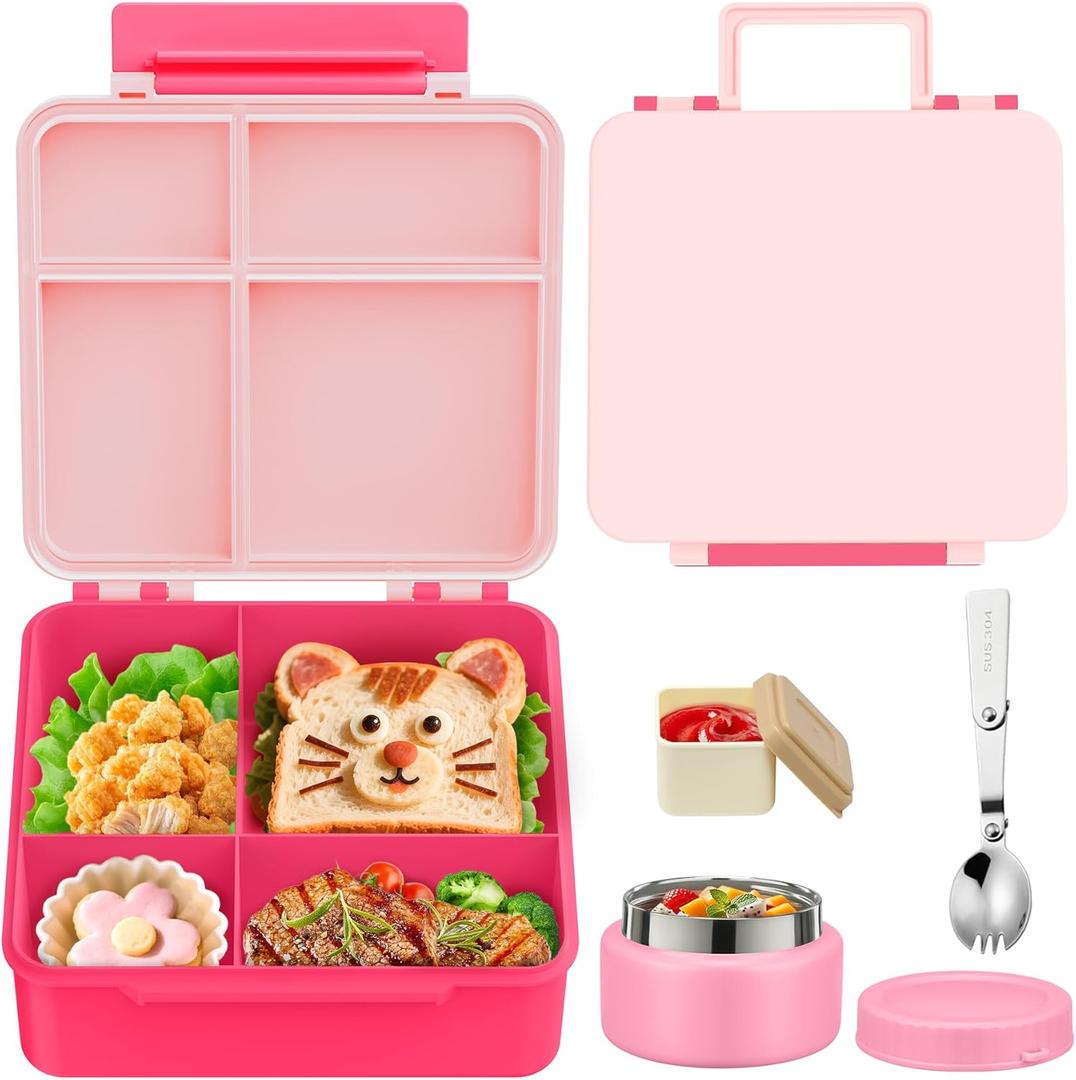 Kids Bento Lunch Box with 8oz Soup Thermo, Kids Leakproof Lunch Food Containers with 4 Compartment,Insulated Hot Food Jar with Lunch Bag for School, Travel (Pink-No lunch bag)