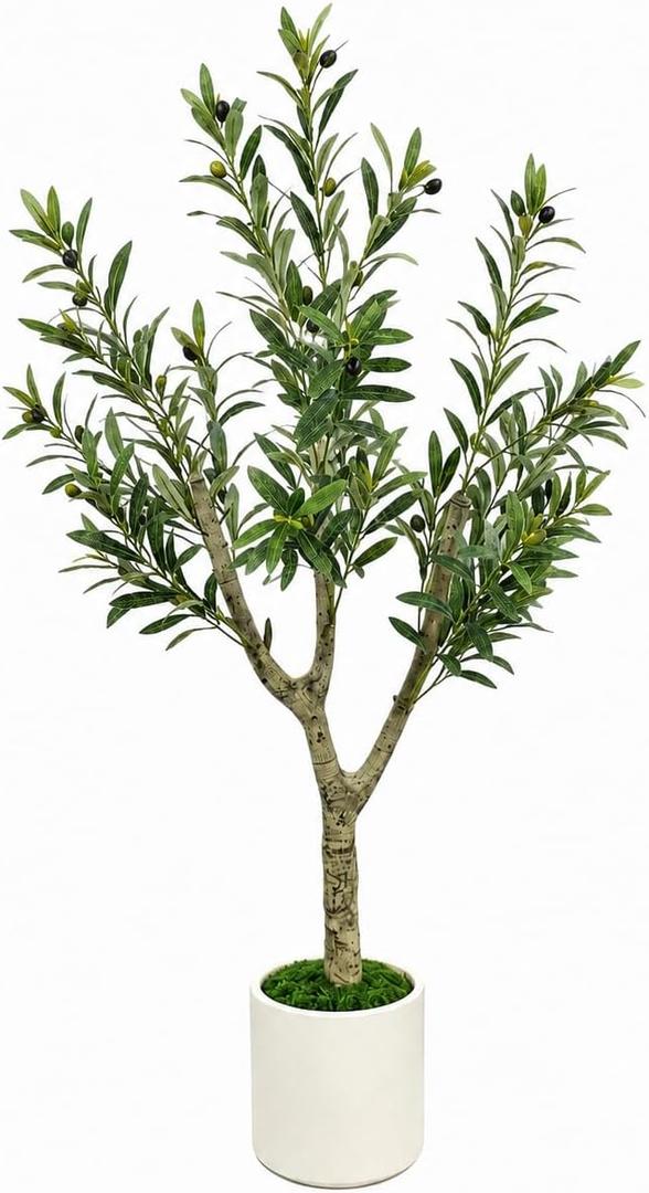 Olive Trees Artificial Indoor, 4ft Tall Olive Tree with White Planter, Faux olive tree with Natural Wood Trunk & Realistic Leaves & Lifelike Fruits, Artificial Plants for Home Decor Office Living Room