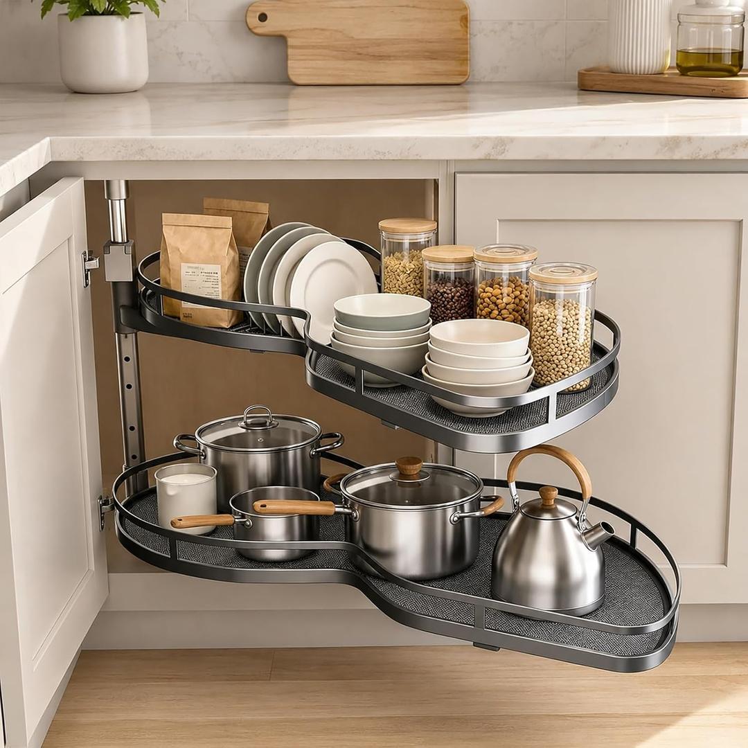 Blind Corner Cabinet Pull Out Organizer, Height-Adjustable 2-Tier Shelves, For 26" Cabinet