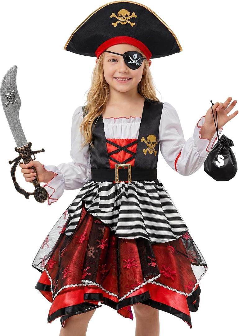Frekuyrt Girl Pirate Costume Buccaneer Princess Costume Halloween Party Dress Up (5-7 Years)