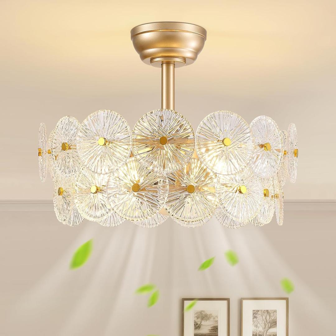 NOXARTE 20" Gold Crystal Fandelier Mid Century Gold Caged Ceiling Fan with Light and Remote Multi-Tier Flower Chandelier Fan with 6 Speeds for Living Room, Bedroom, Dining Room, 20 Inch Round