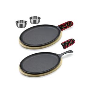 ZURRITO 2 x Cast Iron Fajita Plate Set Fajita Plate Pan with Wooden Tray Anti Scald Protection Hot Mitt Cast Iron Skillet Set for Home Barbecue Kitchen Party Restaurant Catering Service
