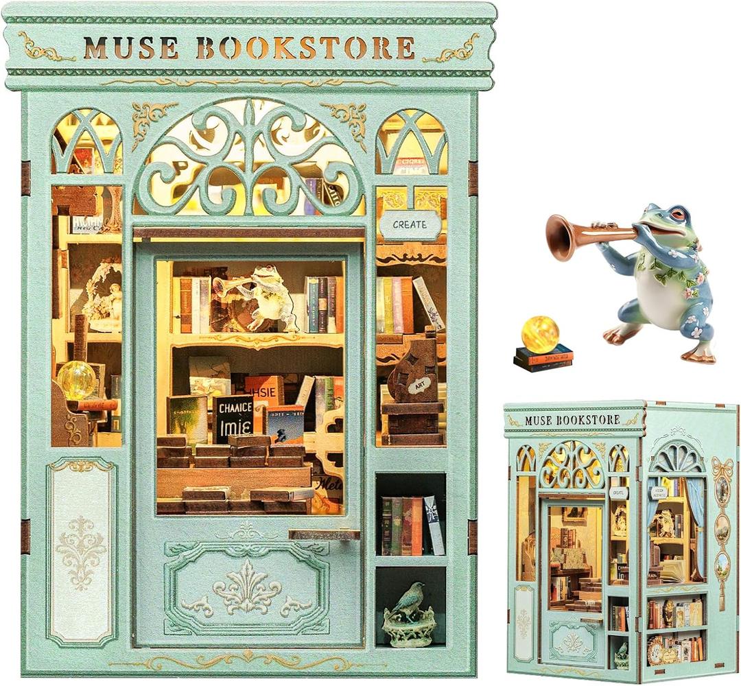 Fsolis Book Nook Kit - DIY Miniature House Kit Bookshelf 3D Wooden Puzzles for Adults Beginners Tiny House Mini Booknook Bookshop Gifts for Women Book Lovers (Muse Bookstore)