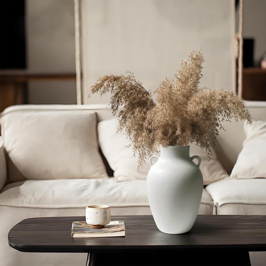 GeLive 10 Inch Matte White Ceramic Vase with Handles, Neutral Textured Modern Farmhouse Urn Vase for Pampas Grass, Eucalyptus, Fresh & Dried Flowers, Minimalist Vase for Living Room Table Centerpiece