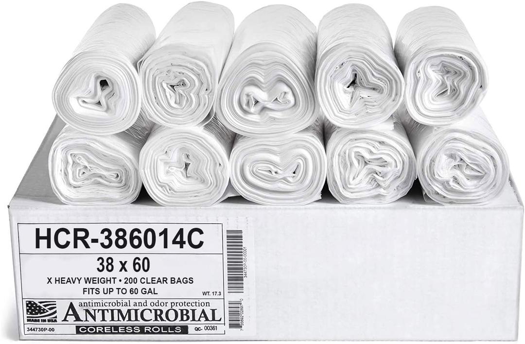 Aluf Plastics High Density Trash Bags, 60 Gallon, 200 Count, 14 Micron (eq), 38" x 60", Clear, for Bathroom, Office, Industrial, Commercial, Janitorial, Municipal, Recycling
