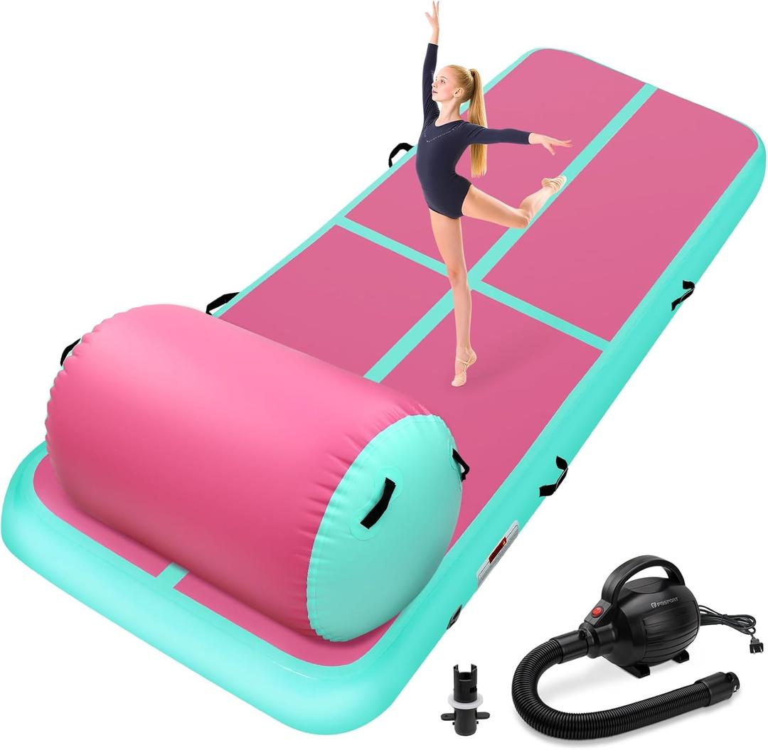 Inflatable Gymnastics Tumble Mat and Air Roller Set, Air Mat Track and Gymnastics Air Barrel with Electric Air Pump for Home Use Outdoor Training Cheerleading Beach Park Size: 40x23.6 Inch Roller/10x3.3x0.3ft Mat