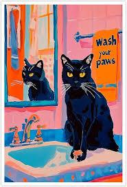 Funny Black Cat Canvas Wall Art Wash Your Little Paws Trendy Cat Painting Picture Wall Decor Colorful Cute Cat Poster Print Artwork for living room bedroom toilet bathroom Home Decoration