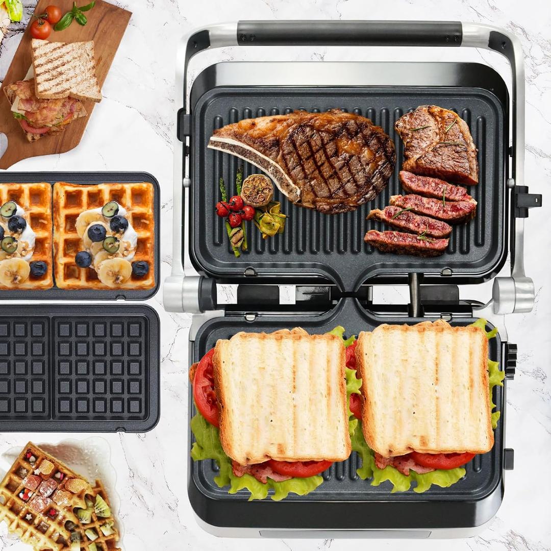 Panini Waffle Maker Combo | Panini Grill Press Sandwich Maker, Smokeless Indoor Grill, 1600W, 180 Open, Removable Plates, Stainless Steel, Ideal Kitchen Gift for Steak, Hamburger, Waffle