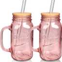 ANOITON Tumbler with Handle and Straw, 24 oz Pink Mason Jars with Handles Drinking Glasses Pink Glassware Colored Glass Cups with Lids and Straws Gifts for Women Birthday Gifts for Women