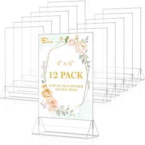 EHWINE 12 Pack Acrylic Sign Holder 4 x 6, Double Sided Clear Picture Frame Stand up Table Top Sign Holders, Clear Display Stand Menu Flyer Holder for Wedding Party(Provide Non-slip Mats)