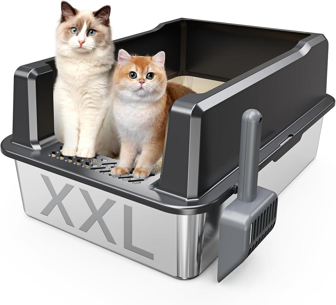 Tripamin XXL Stainless Steel Litter Box with High Sides 26"x18"x12" Extra Large Metal Litter Box for Big Cats&Multiple cat, Jumbo Top Entry Litter Pan with lid, Anti-Leakage, Non-Sticky(Black)