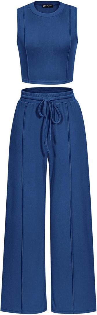 PRETTYGARDEN Women's Summer 2 Piece Loungewear Set Cropped Tank Top Wide Leg Sweatpants Tracksuit Casual Outfits (Medium, Dark Blue)
