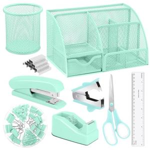 auroray Green Desk Organizers and Accessories, Teal Office Supplies Set Green Mesh Desk Organizer, Stapler, Tape Dispenser, 1000 Staples, Staple Remover, Pen Holder, Clips Set, Ruler, Scissors