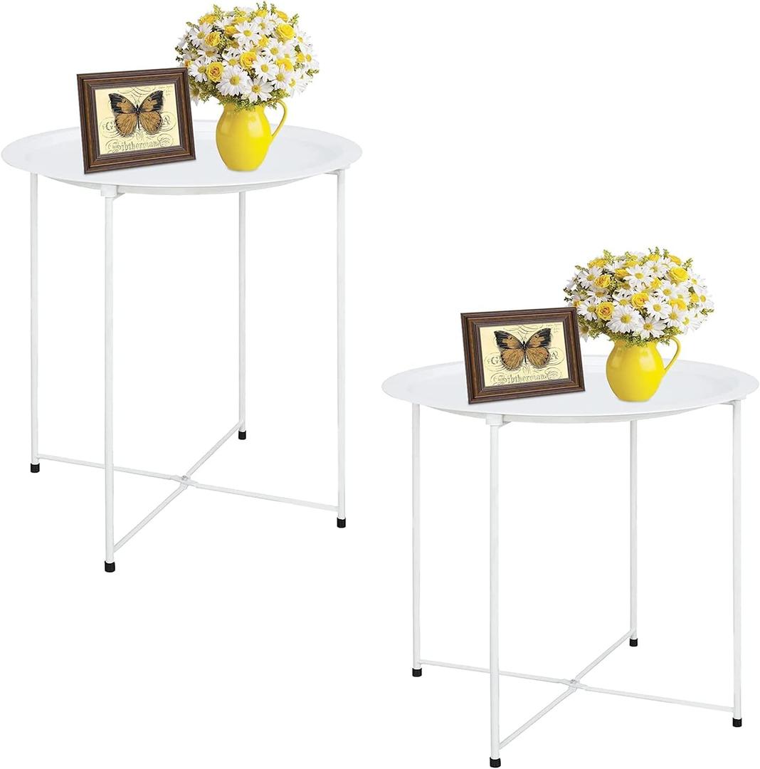 Garden 4 you End Table Metal Side Table Round Folding Tray Cyan Sofa Small Accent Fold-able Table, Round End Table Tray, Next to Sofa Table, Snack Table for Living Room and Bed Room, White