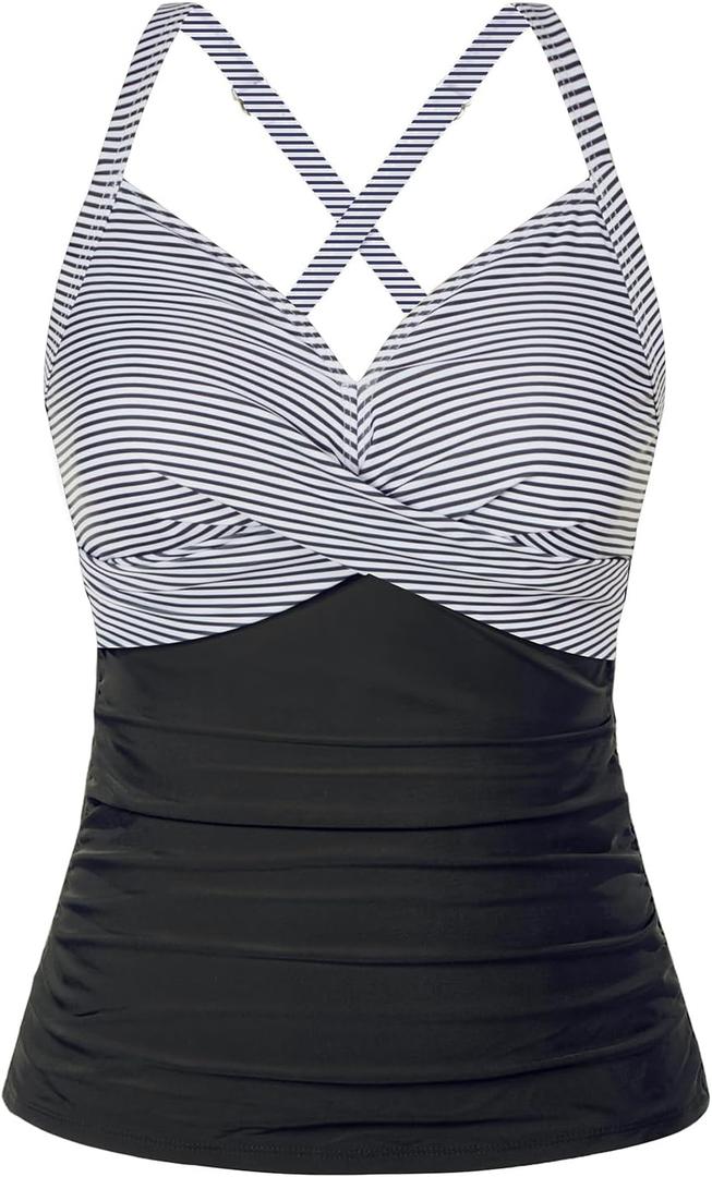 Women Tankini Bathing Suit Top - Twist Front V Neck Swim Top Only Ruched Tummy Control No Bottom 2025 (Large, Black White Striped)