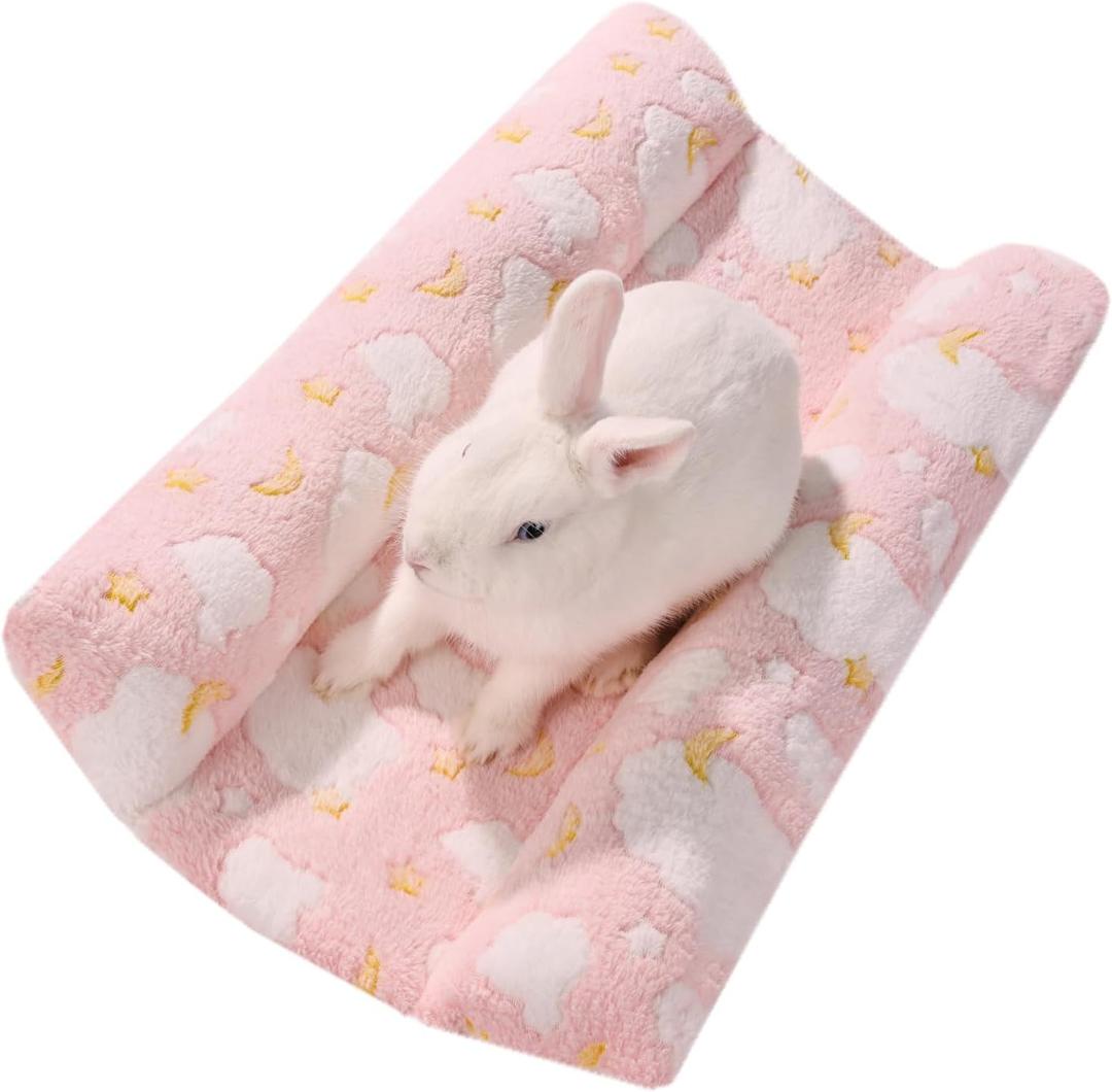 24x16 in Rabbit Bed Large Size - Warm & Comfortable Plush Rabbit Mat Pad with Star Pattern, Double-Sided Flannel Pet Pad Cozy Fleece Bedding for Bunnies, Guinea Pigs, Small Animals, Pink