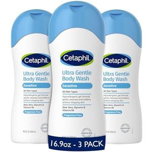 Cetaphil Ultra Gentle Body Wash, For Dry to Normal, Sensitive Skin, 16.9oz Pack of 3, Aloe Vera, Vitamin B5, Hypoallergenic, Paraben Free, Fragrance Free, Dermatologist Tested