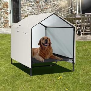 CAREDPETS Indoor Outdoor Dog House Large Breed | Medium Large Dog House Outdoor Raised Elevated Dog Bed Cot with Canopy, Waterproof & Sunproof Outside Dog Shade Shelter Tent (39" x 30" x 34")
