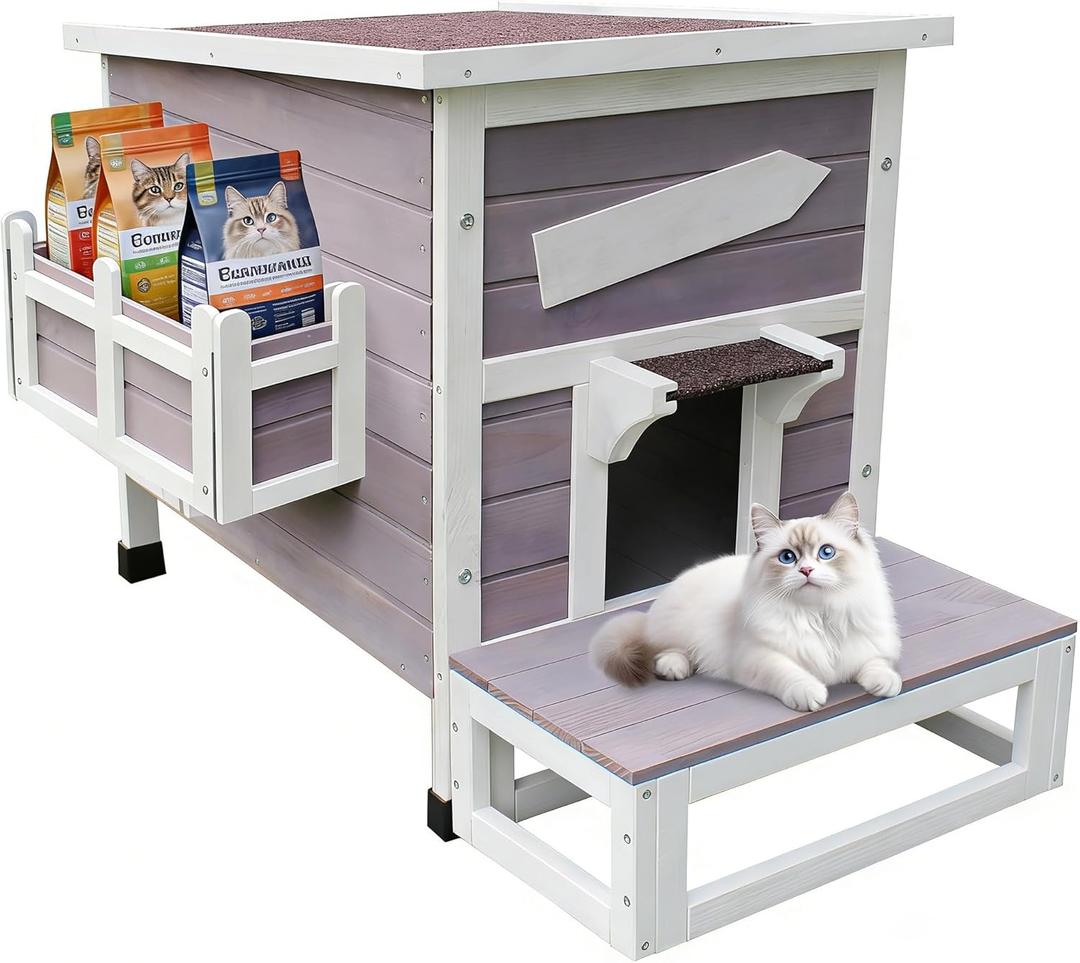 Rockever Outdoor Cat House, Large Outdoor Houses for Feral Cats Wooden Outside Cat Shelter Weatherproof with Escape Door