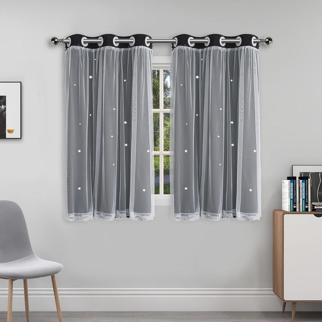 Black Curtains 45 Inch Length 2 Panels Set Short Cute Blackout Curtain for Girls Room Decor Star Cutout Aesthetic Nursery Drapes Double Layer with Lace Sheer Overlay