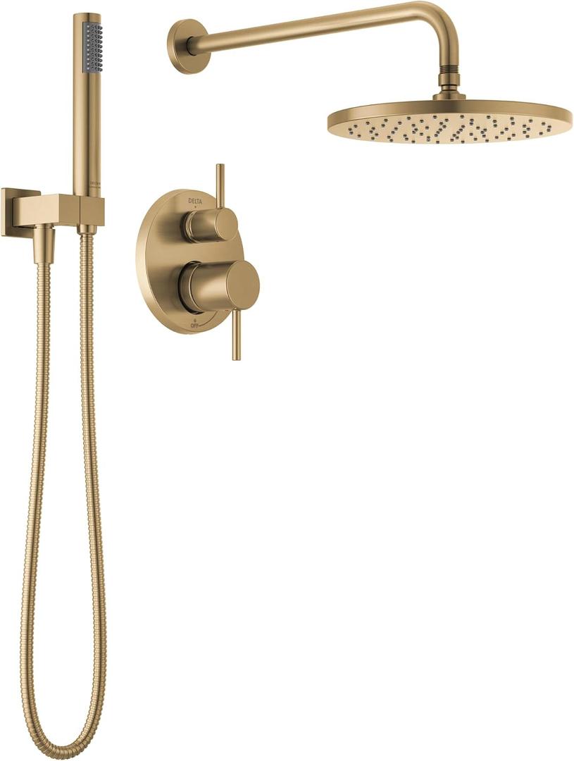 Delta Modern 14 Series Round Rain Shower System Faucet Set, Rainfall Brushed Gold Shower Head and Handle Set, Valve Trim Kit, 10 Inch, Champagne Bronze T342702-CZ (Valve Not Included)