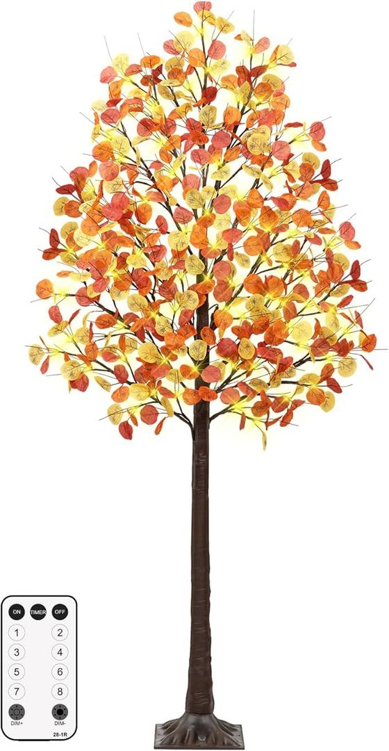 Remon 6FT Lighted Fall Tree - Artificial Fall Light Up Eucalyptus Tree with 130 Lights, 390 Leaves, Remote 8 Flashing Modes, Timing for Thanksgiving Autumn Harvest Indoor Outdoor Decorations
